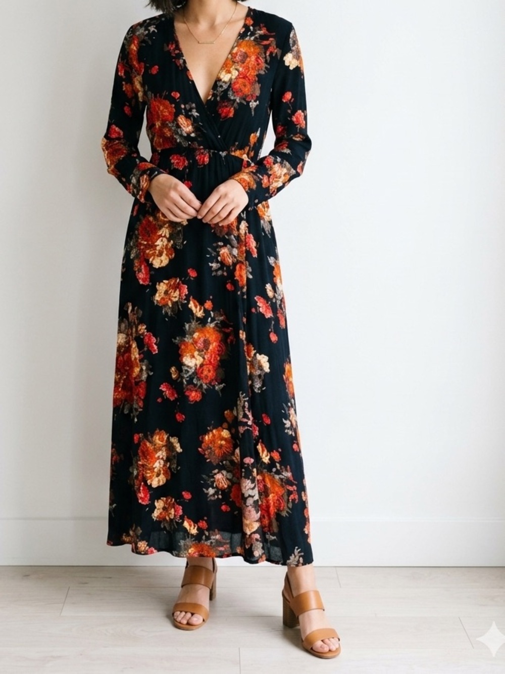 Floral V-Neck Black Maxi Dress with Red and Rust Blooms